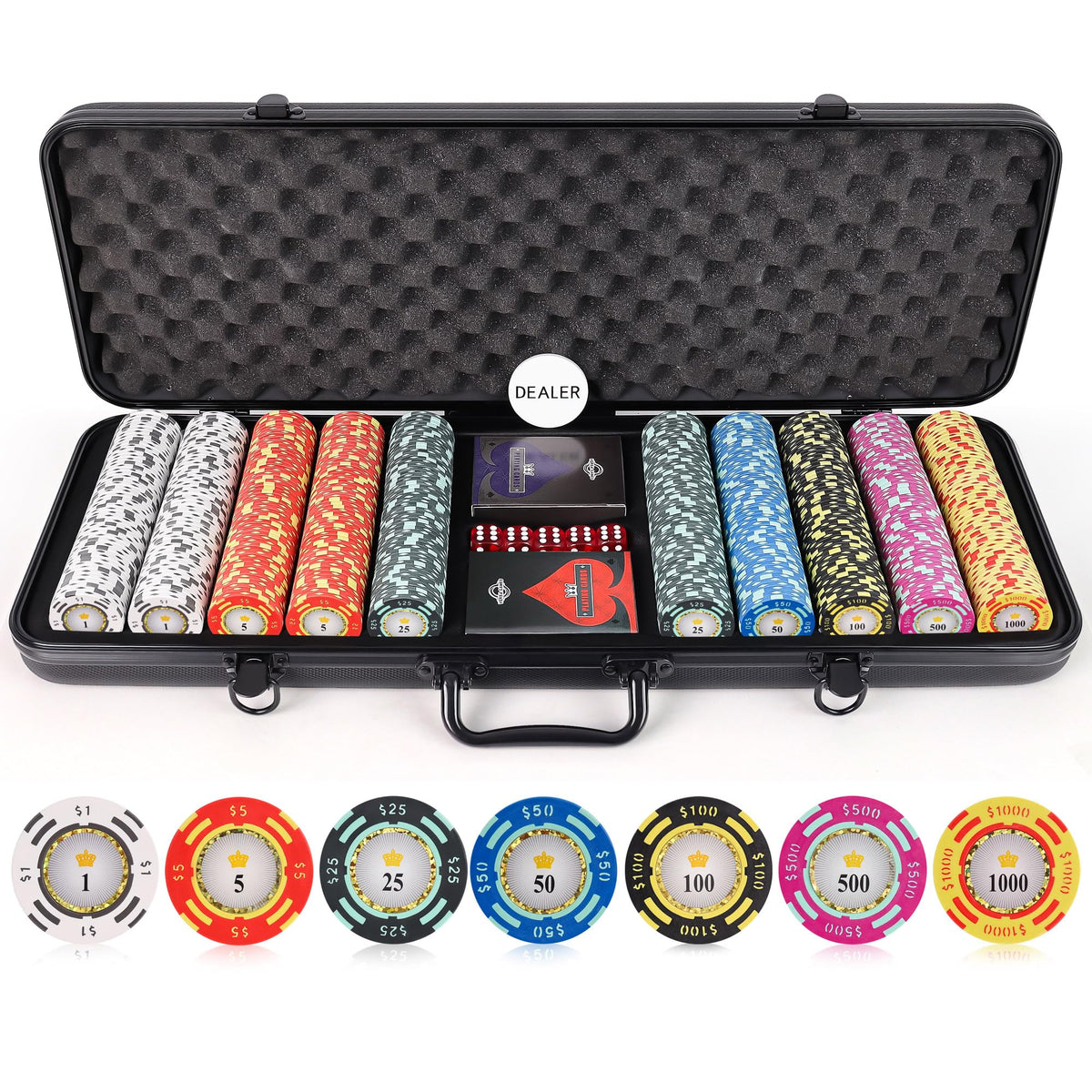 Versa Games poker chips with denomination centers for easy value spotting.