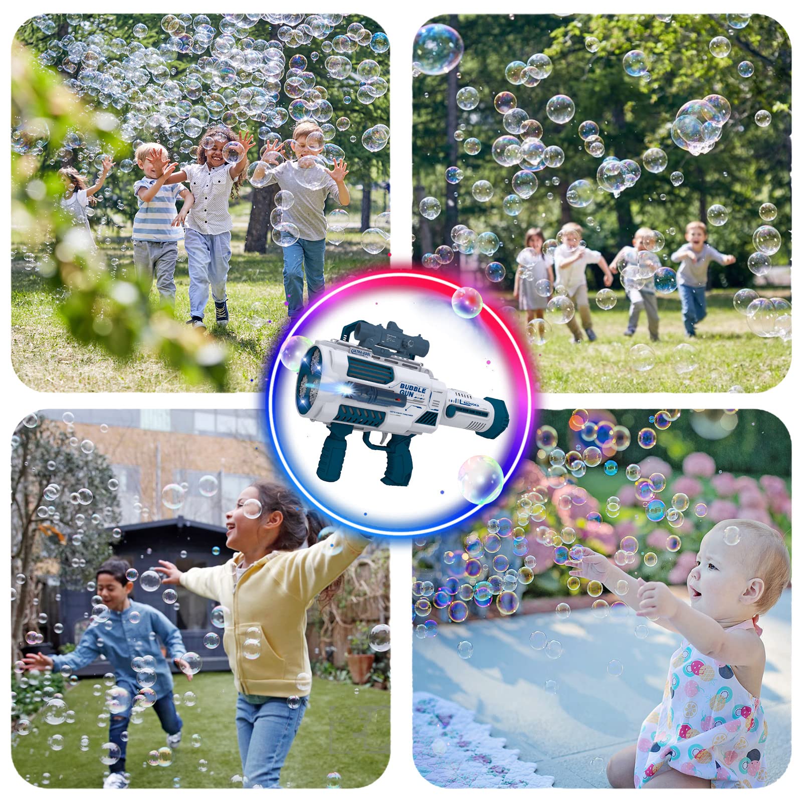 VERSDITAS bubble gun outdoors at a party creating lively bubbles for guests.