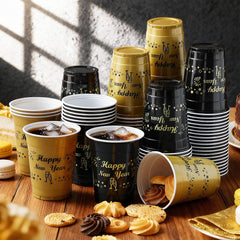 Vesici black New Year cups provide sleek contrast for celebrations.