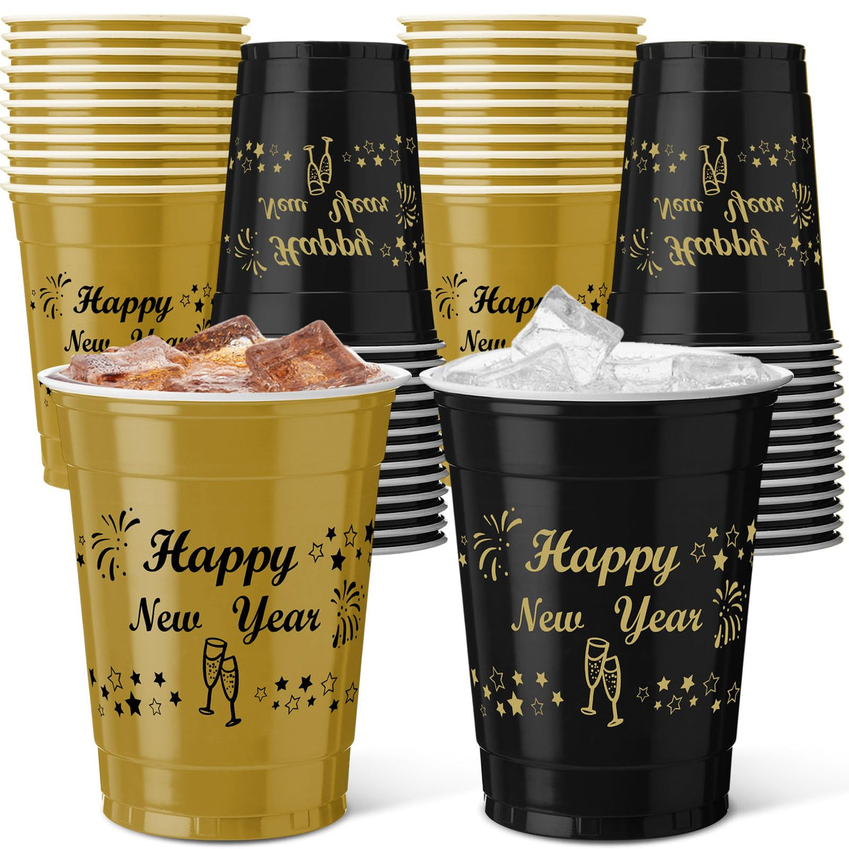 Vesici gold New Year cups for elegant festive tables.