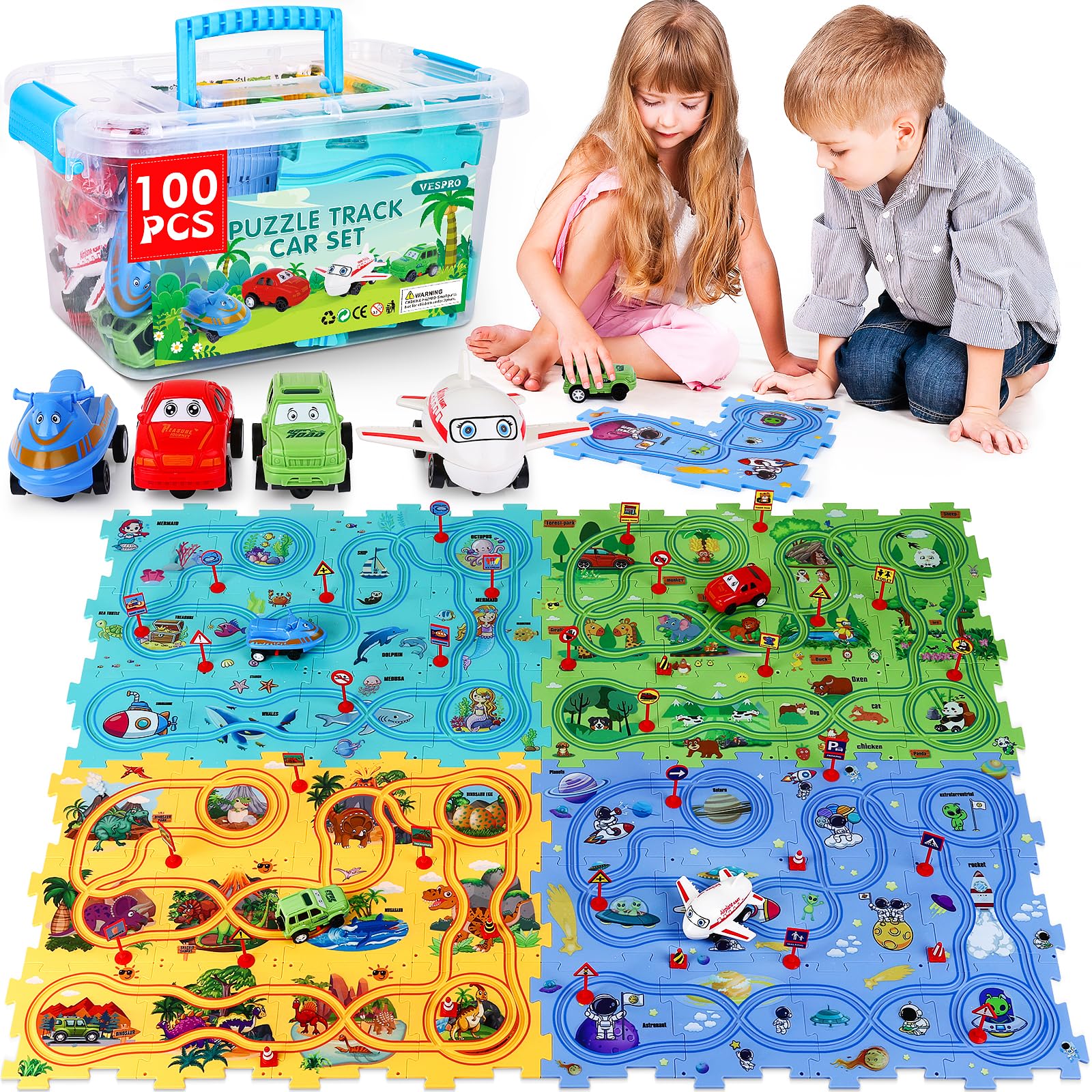 VESPRO 100-piece car track set assembled for imaginative play