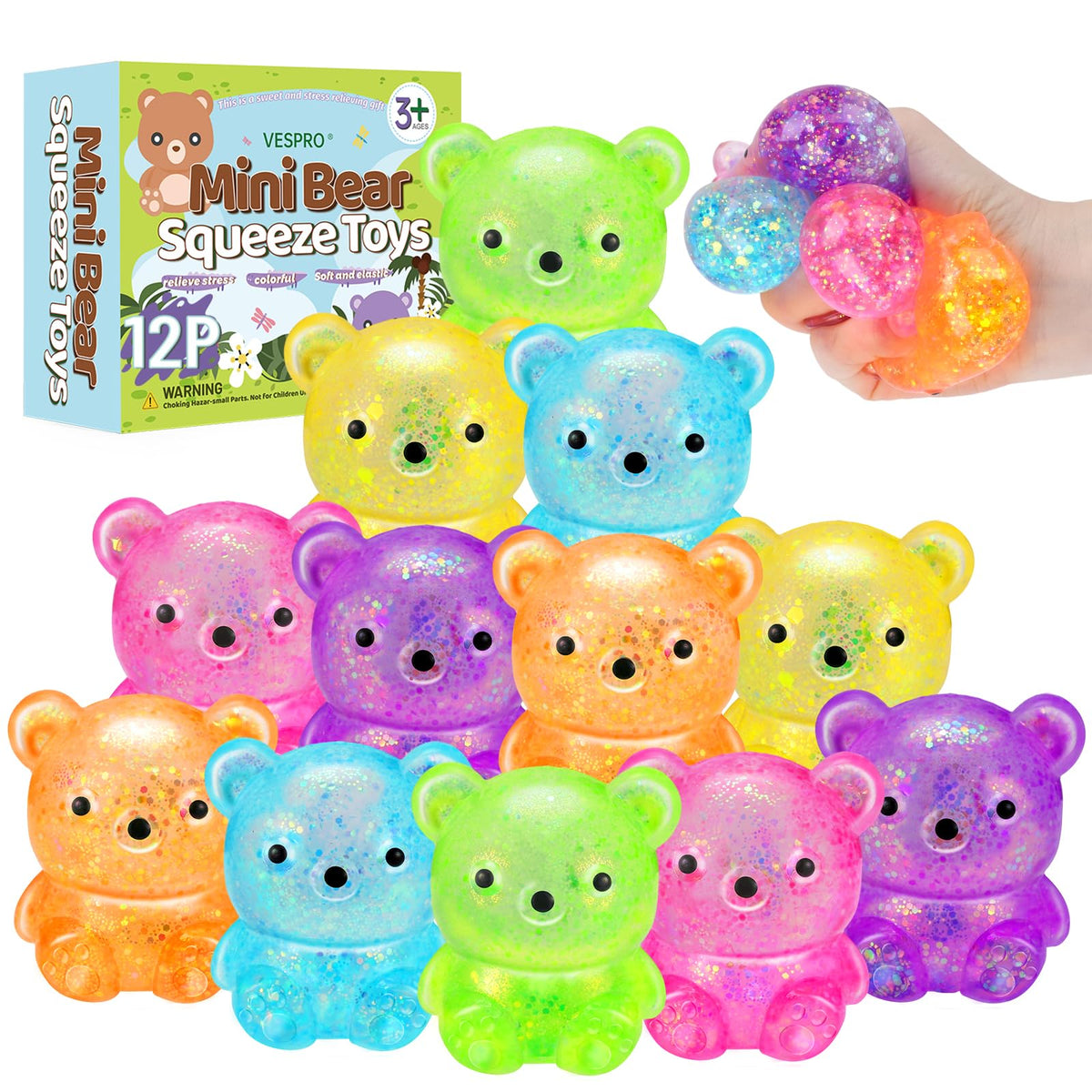 VESPRO 12-pack bear squishy balls in bright colors for tactile play and stress relief