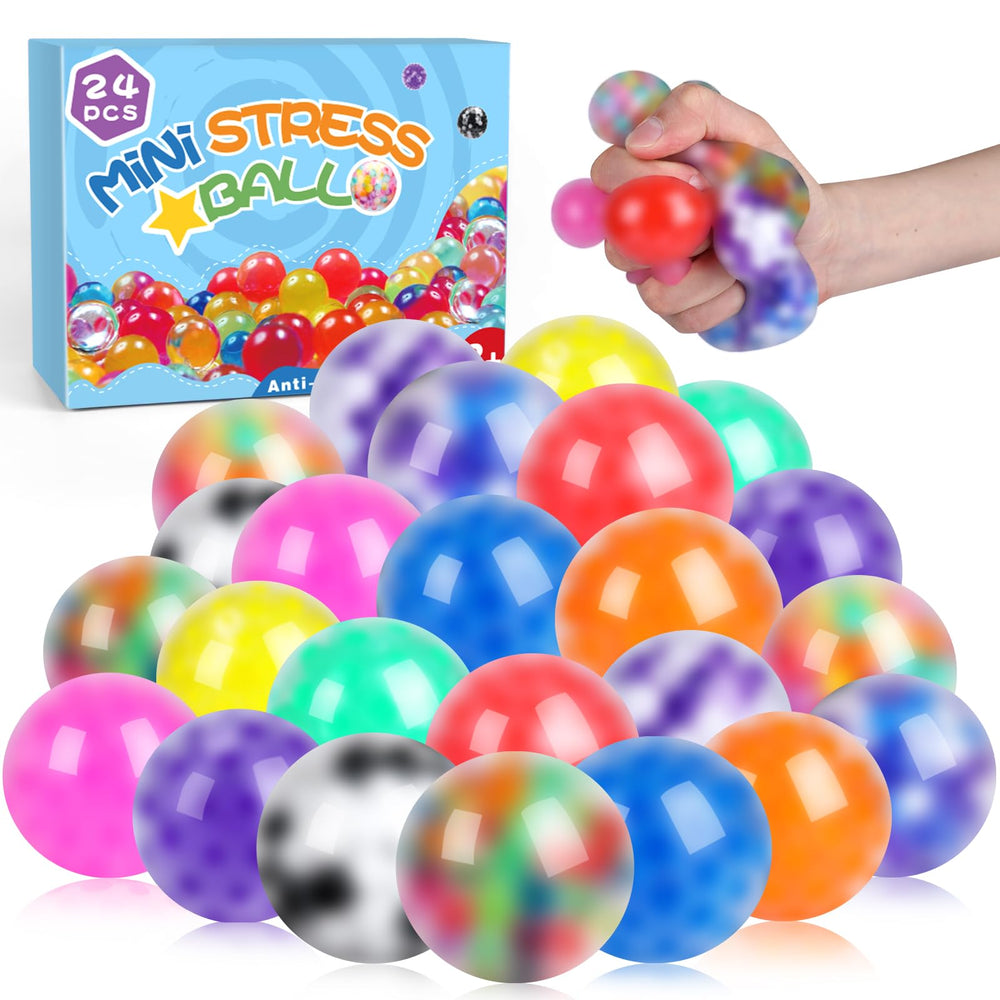 VESPRO 24-pack stress balls in assorted styles for portable stress relief and focus.