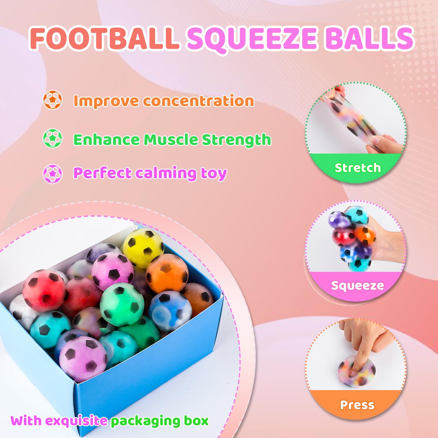 VESPRO colorful squishy balls can be squeezed, stretched, and pressed for sensory play.