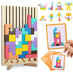 Vexlyrium wooden puzzle with colorful blocks ready for creative stacking and exploration.