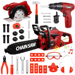 Vextronic Kids Tool Set chainsaw in action with safety-friendly soft chain for toddlers