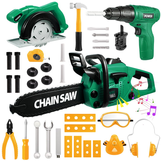 Vextronic Kids Tool Set chainsaw action, safe for toddlers during pretend play