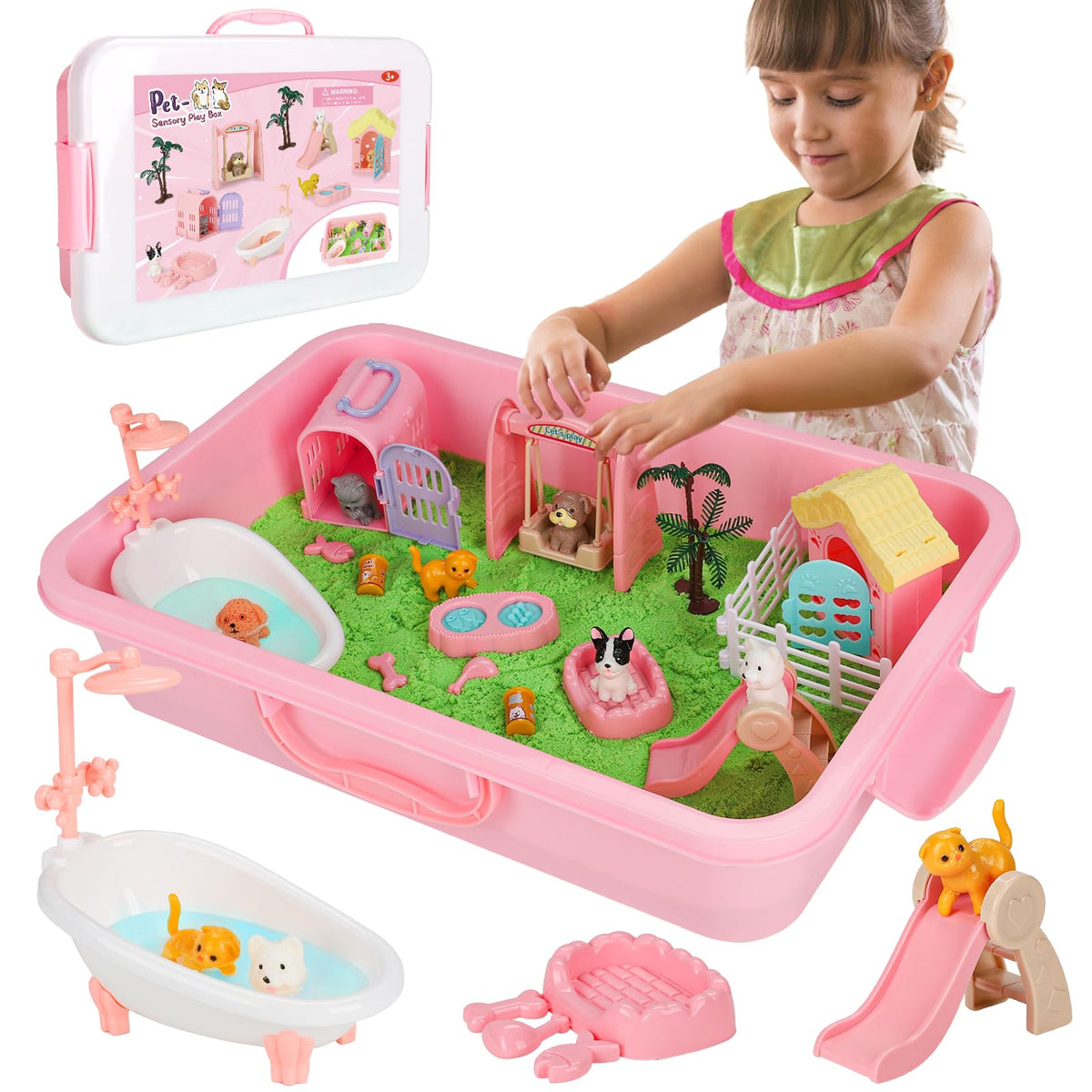 Vextronic pet sensory bin with lid for organized pretend pet care play.