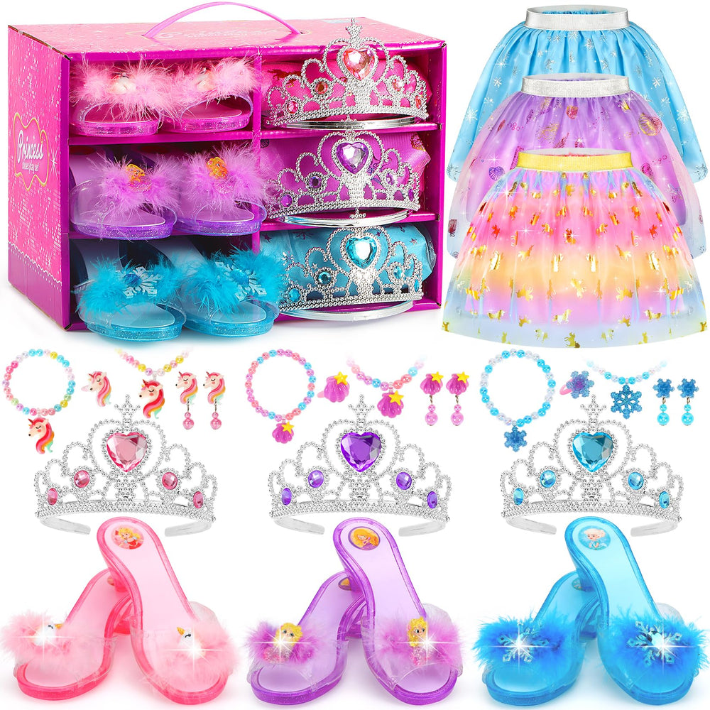 VGOFUN princess dress-up shoes set in a storage box for organized playtime.