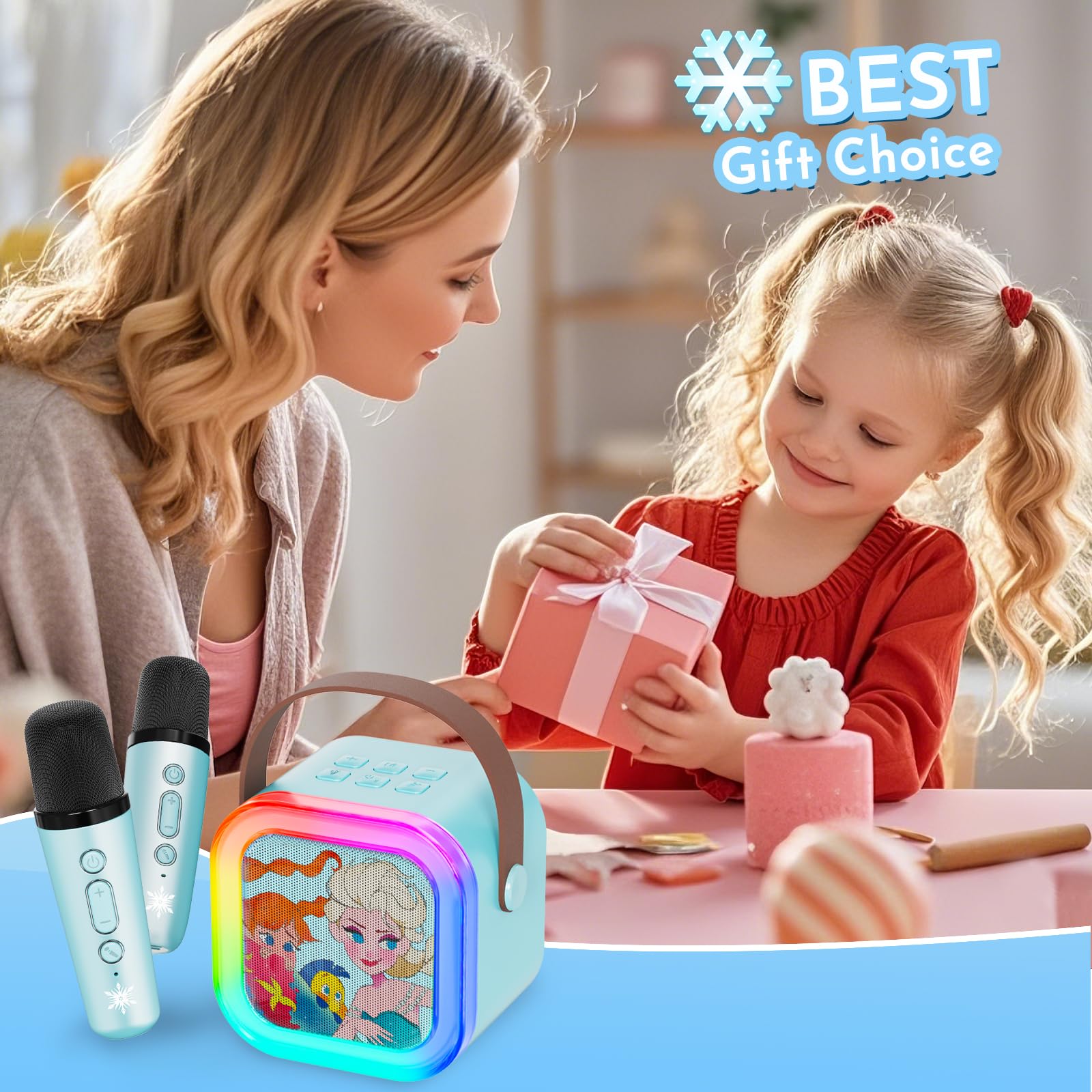 VibeHaven Frozen karaoke machine kids playing encourages family singing time.