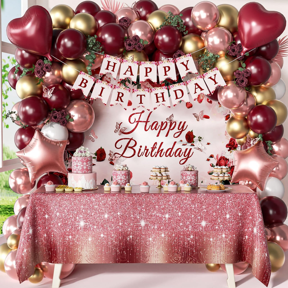 Vicduotex burgundy balloons and banner backdrop create chic party photos.