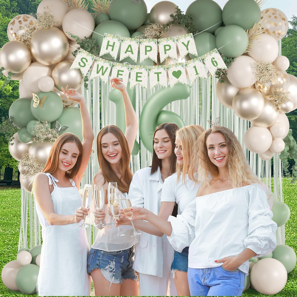 Vicduotex sage-green foil balloons offer chic metallic accents.