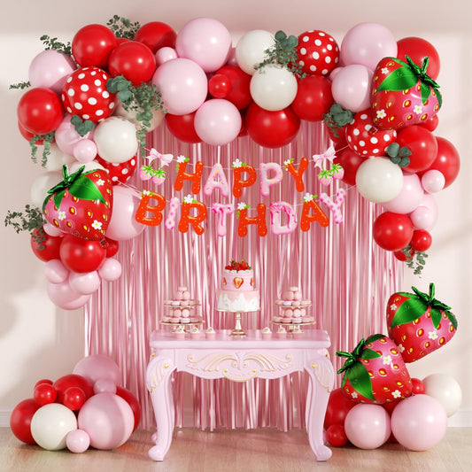 Vicduotex strawberry birthday banner and pink fringe curtain create a festive photo backdrop.
