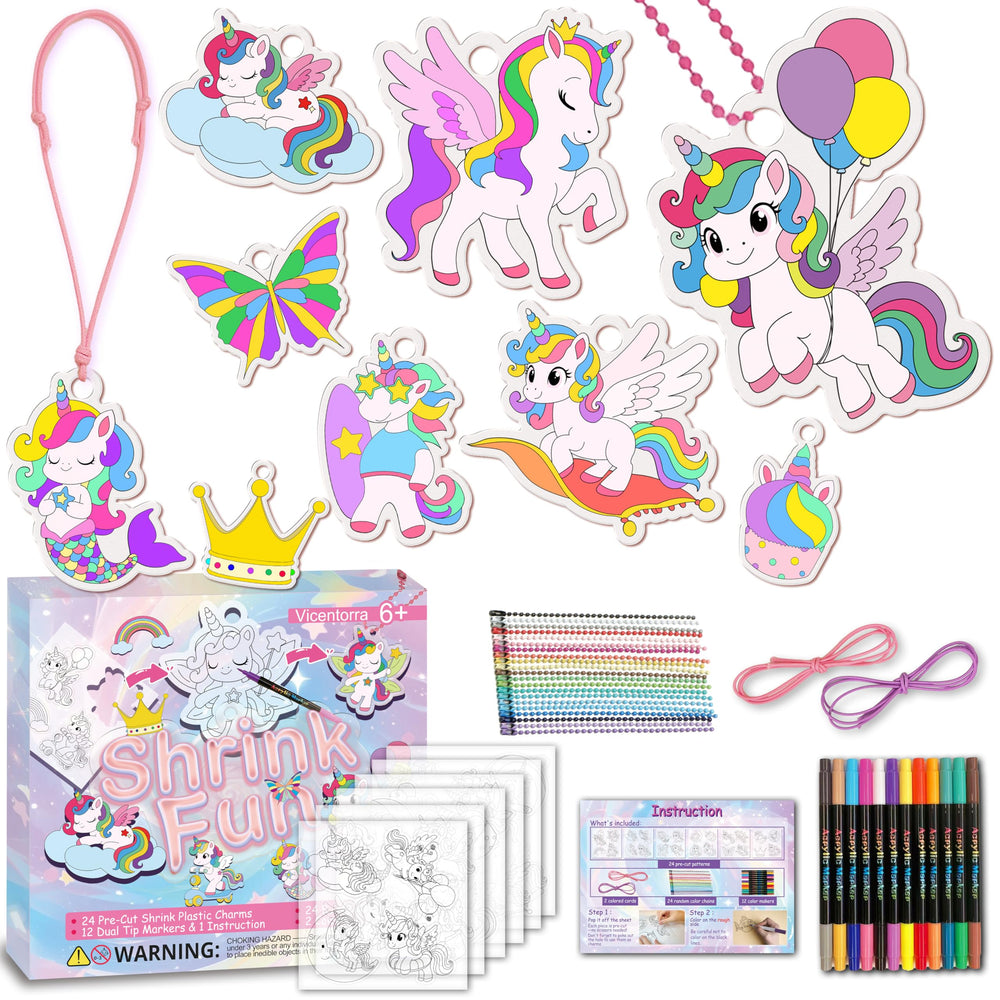 Vicentorra unicorn shrinking art kit laid out for color projects