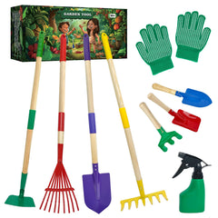 VICHTOP 9-piece kids gardening tools kit in backyard play, encouraging early STEM skills.