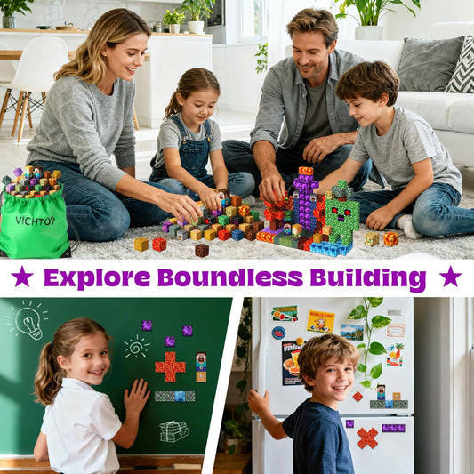 VICHTOP magnet world elements shown for creative level-building and STEM exploration.
