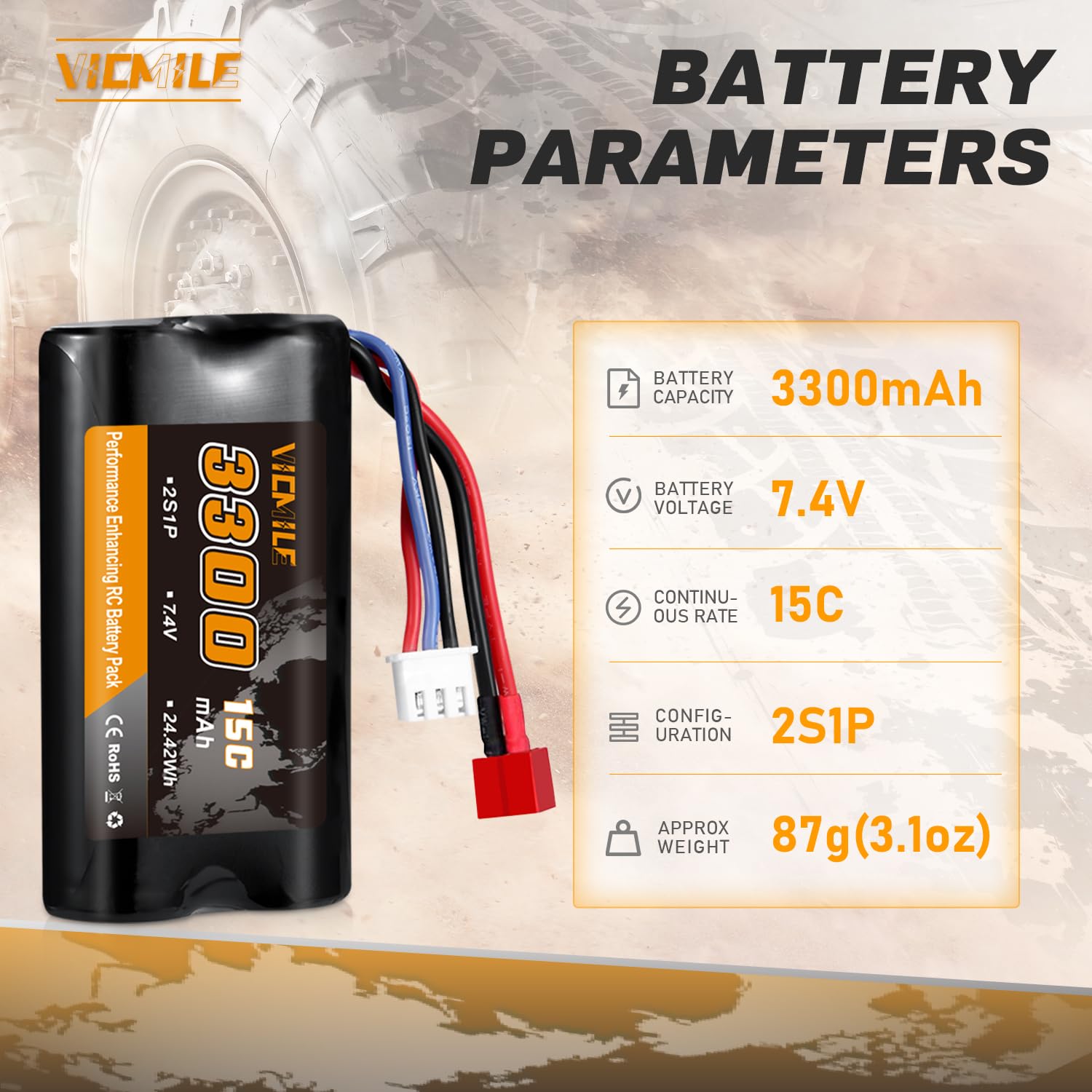 VICMILE 3300mAh 2S T-plug side view showing compact form factor