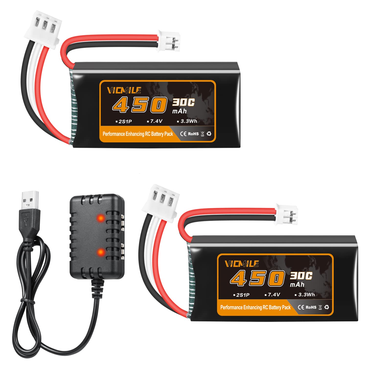 VICMILE 450mAh 7.4V LiPo battery, 2S, compact for tight RC car compartments.