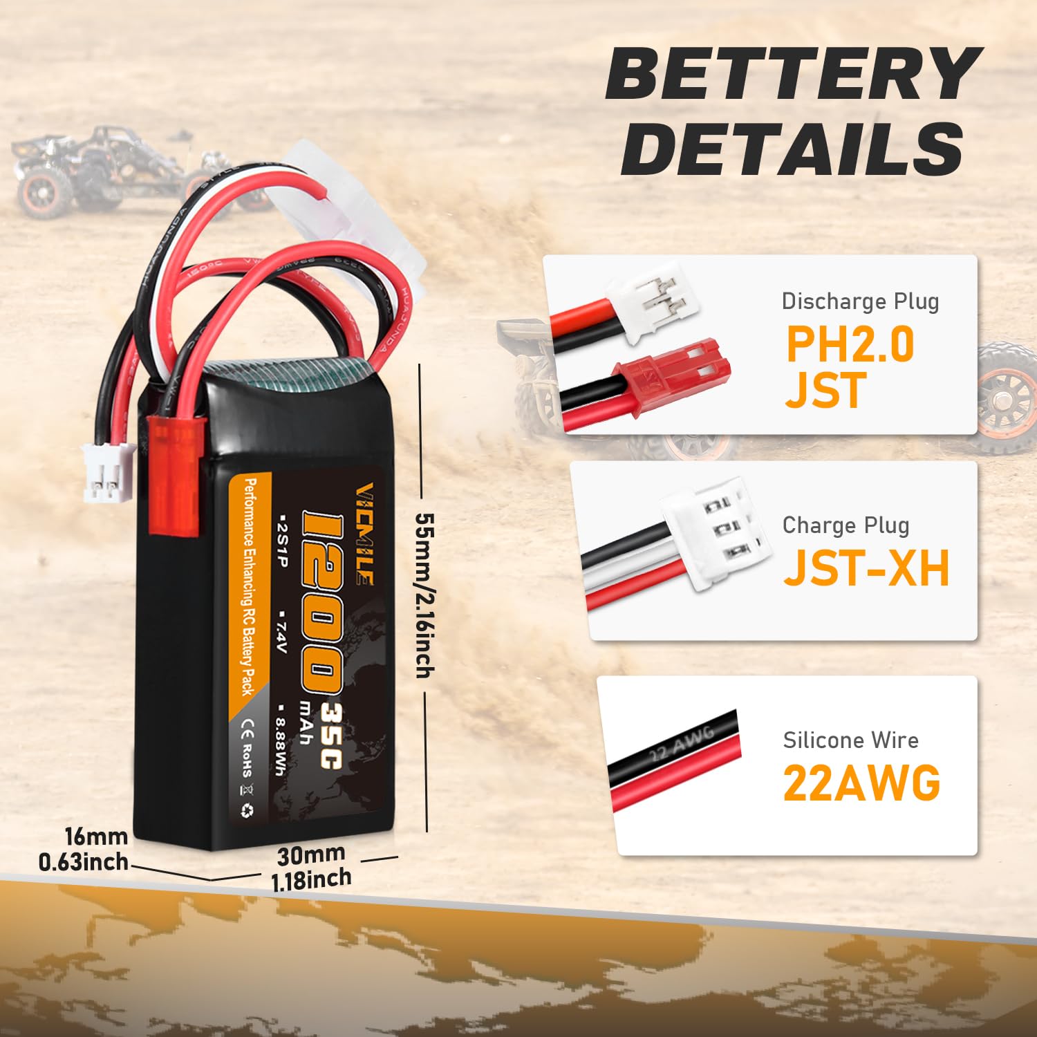 VICMILE SCX24 battery delivers 35C continuous discharge with bursts to 70C for strong throttle response.
