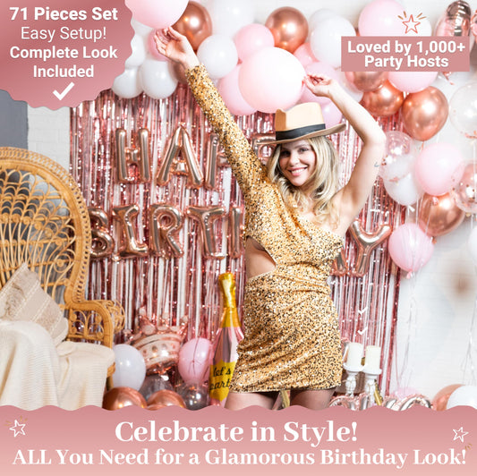 Vidal Crafts balloon garland in rose gold enhances elegant party visuals.