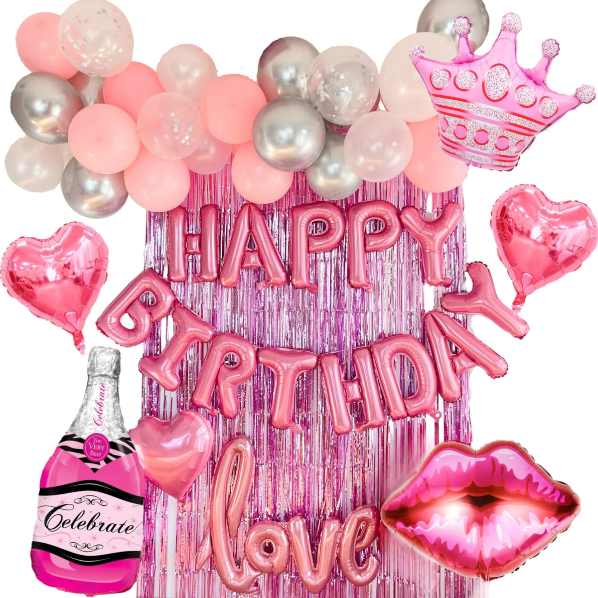 Vidal Crafts pink birthday decorations balloon garland kit creates a festive photo backdrop.