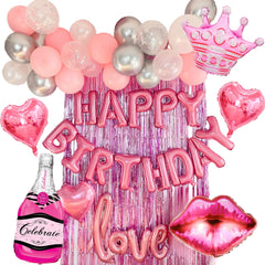 Vidal Crafts pink birthday decorations balloon garland kit creates a festive photo backdrop.