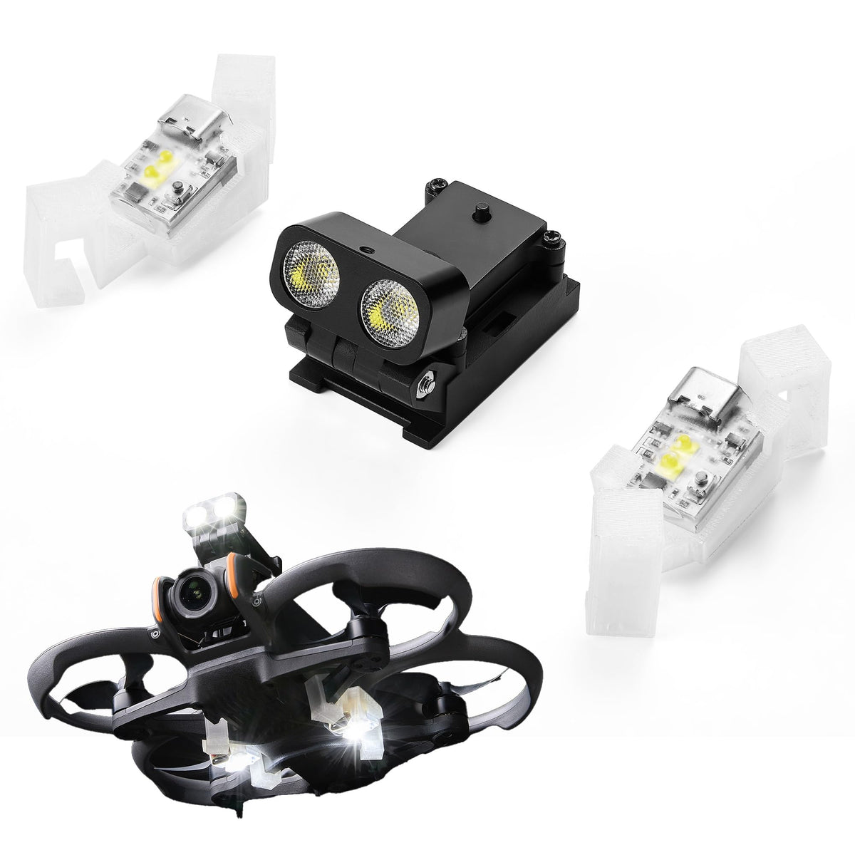VIFLY tactical spotlight kit front lights illuminate indoor flights for safer navigation.