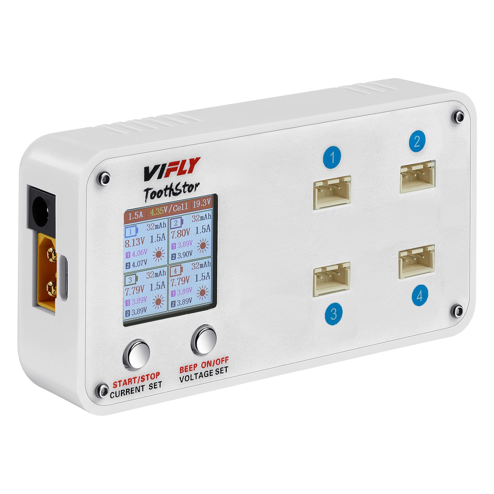 VIFLY ToothStor front view with independent 2S ports for multi-battery charging.