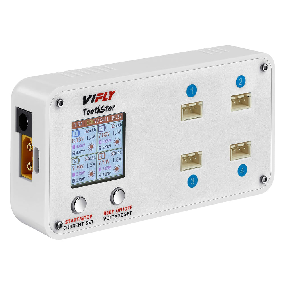 VIFLY ToothStor front view with independent 2S ports for multi-battery charging.