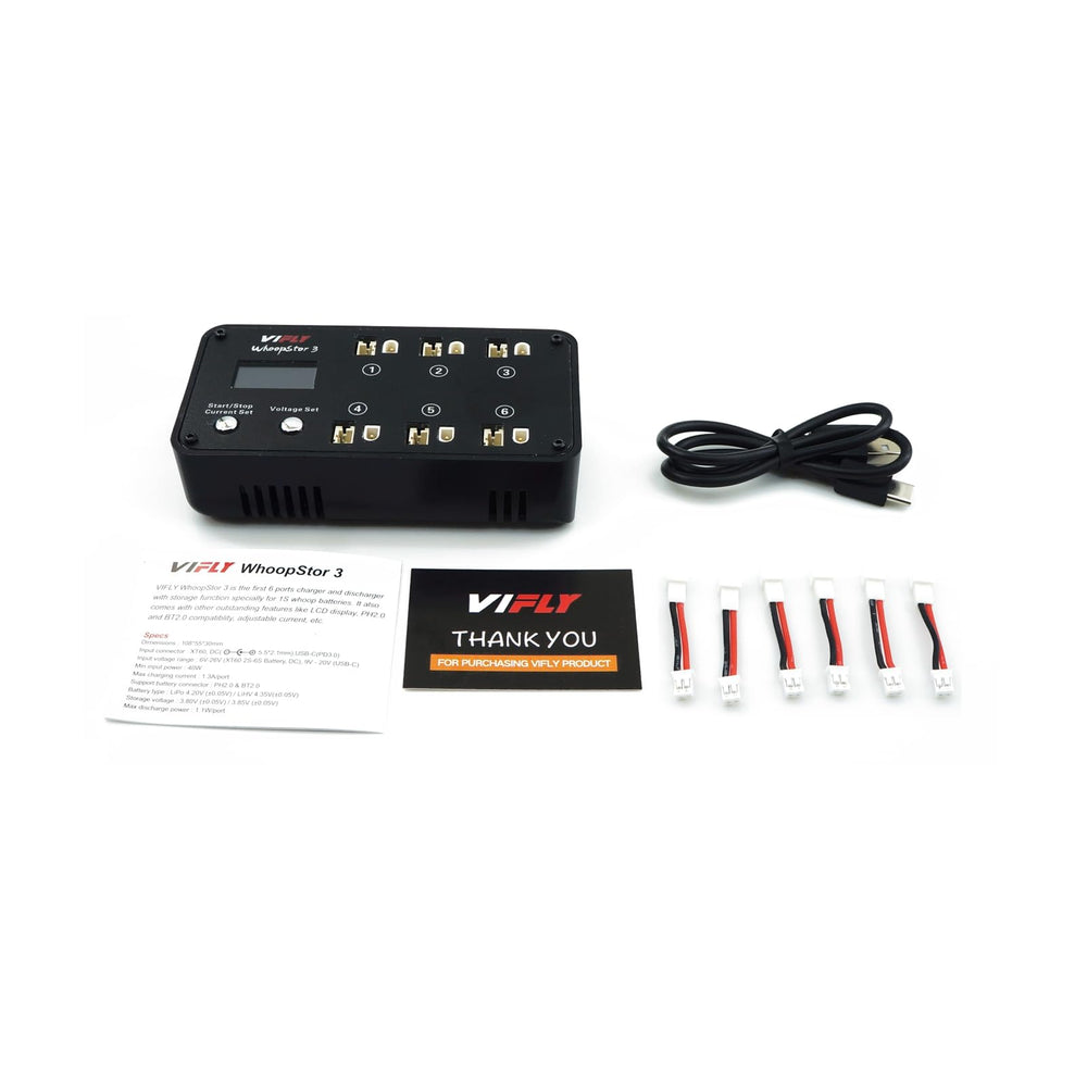 VIFLY WhoopStor V3 in-use charging keeps batteries organized during sessions.