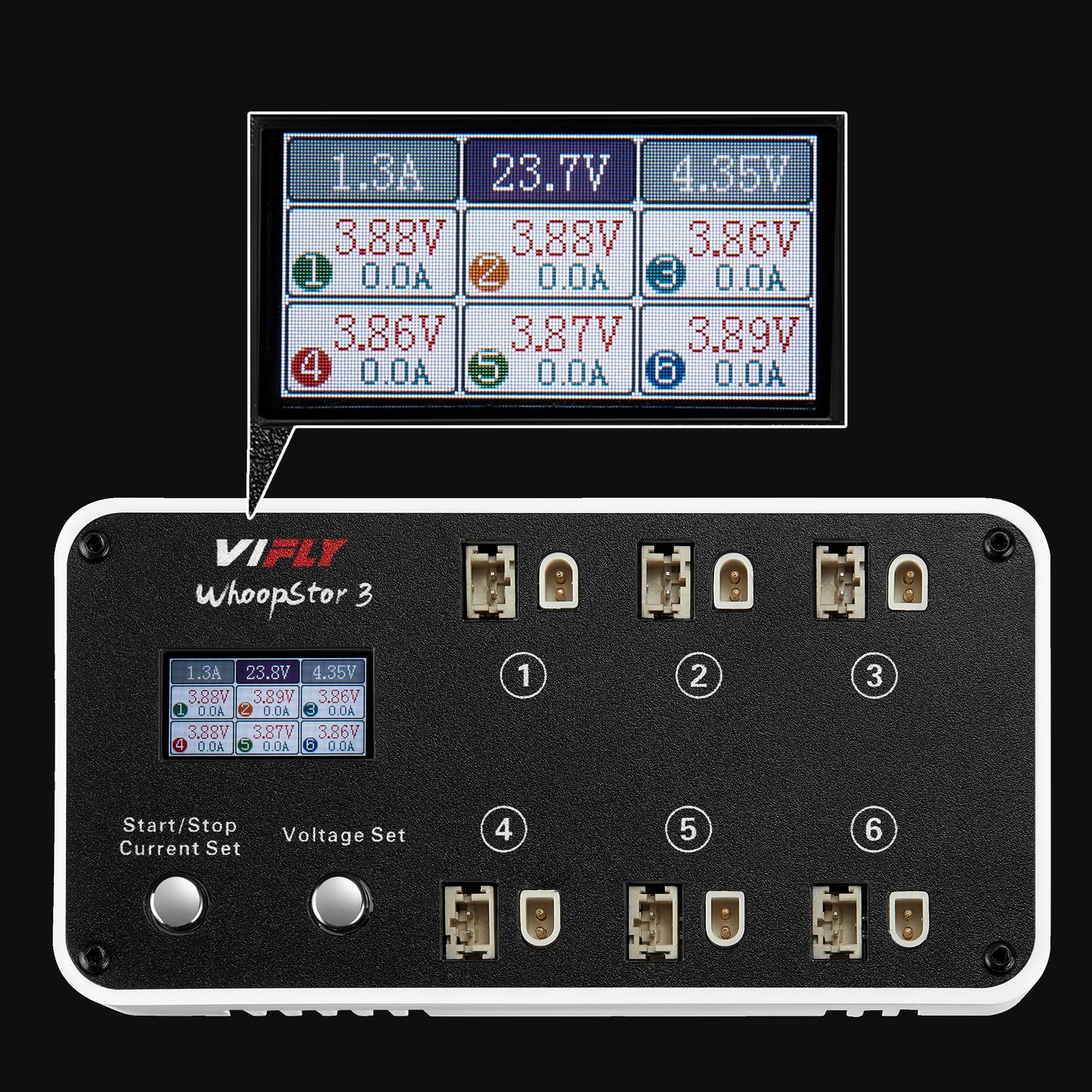 VIFLY WhoopStor V3 LCD display highlights clear status and settings.