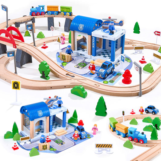 VigorFun 102pcs train set assembly enhances imaginative town play for toddlers.