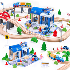 VigorFun 102pcs train set assembly enhances imaginative town play for toddlers.