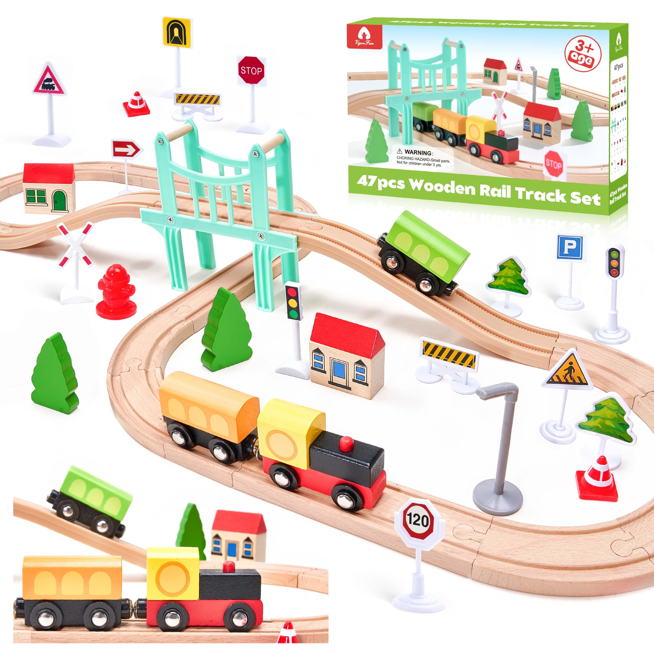 VigorFun 47Pcs wooden train set for toddlers with signs, boosting imagination and fine motor skills.