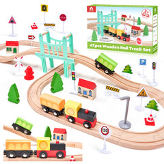 VigorFun 47Pcs wooden train set for toddlers with signs, boosting imagination and fine motor skills.