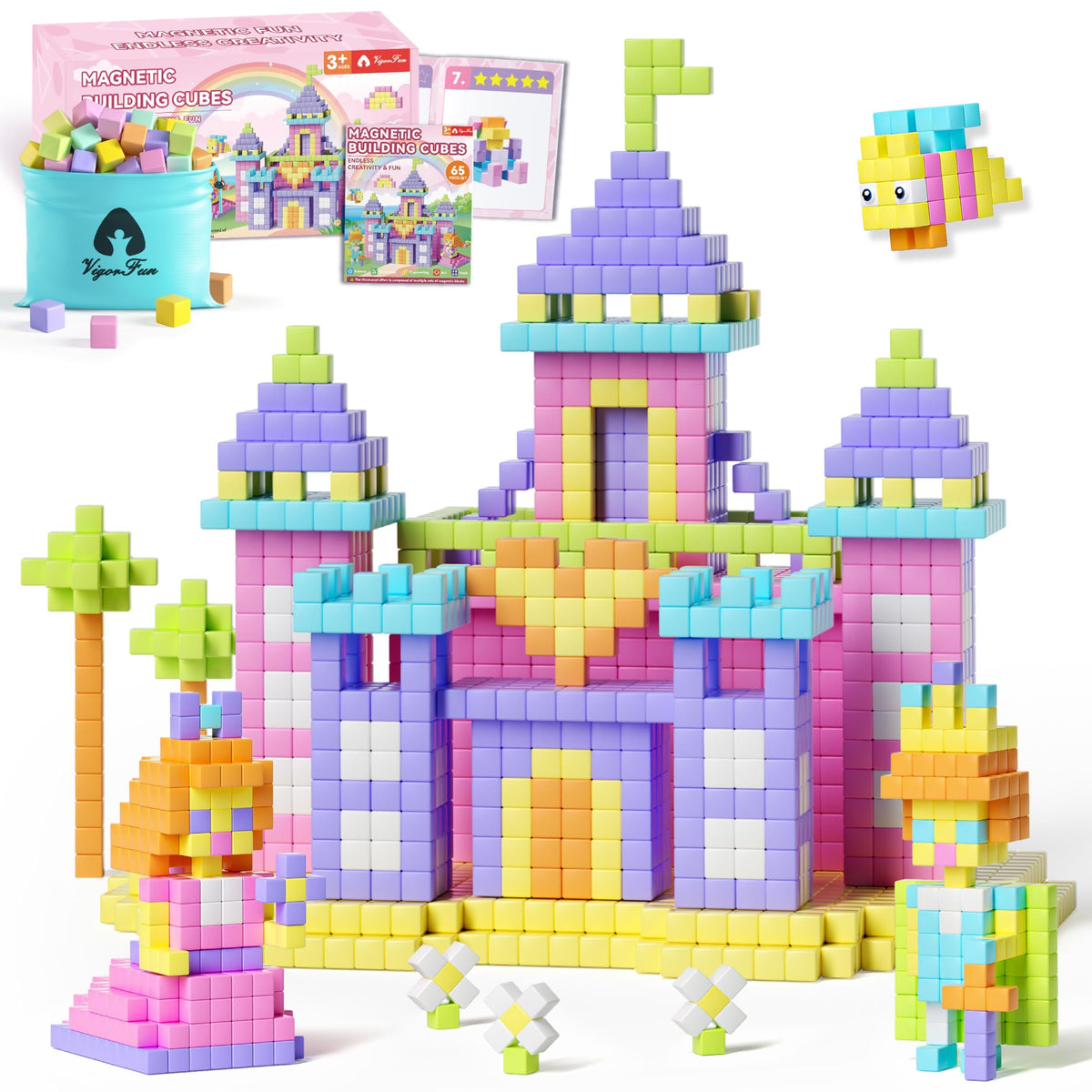 VigorFun 65-piece magnetic blocks in macaron colors enable creative building and color learning.