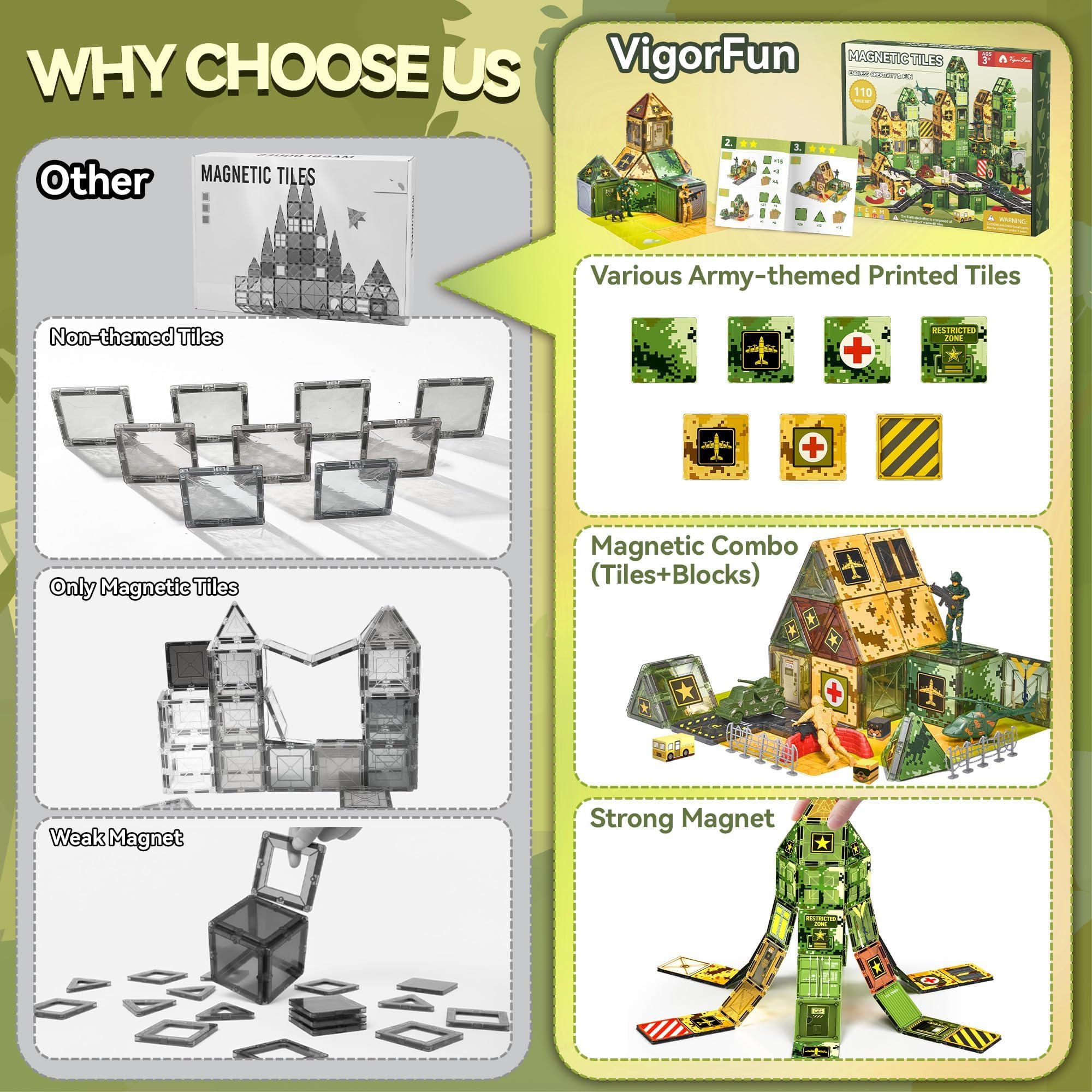 VigorFun army soldiers figures arranged on magnets encourage cooperative play and storytelling.