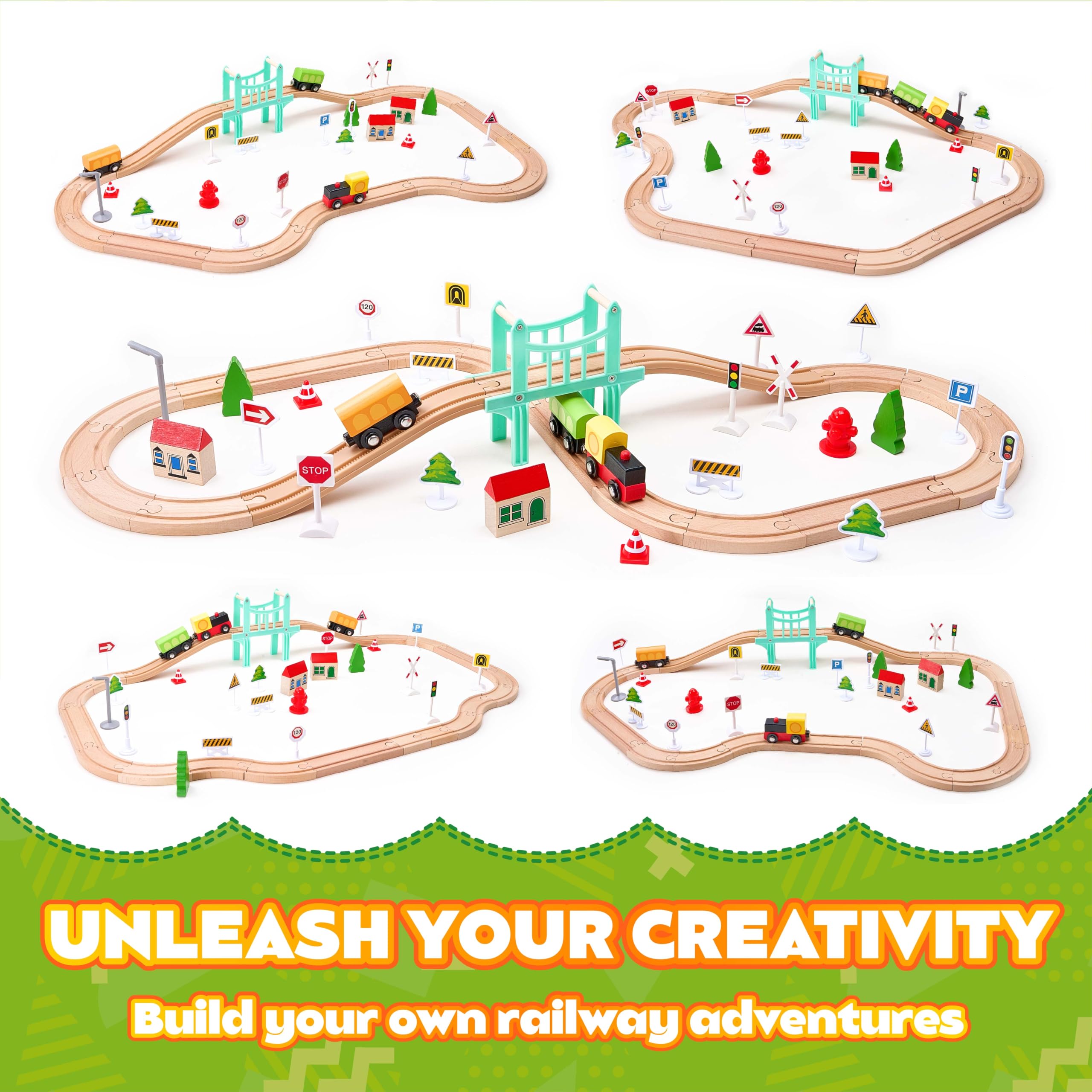 VigorFun wooden houses and trees enhance scene-building and story-driven play.