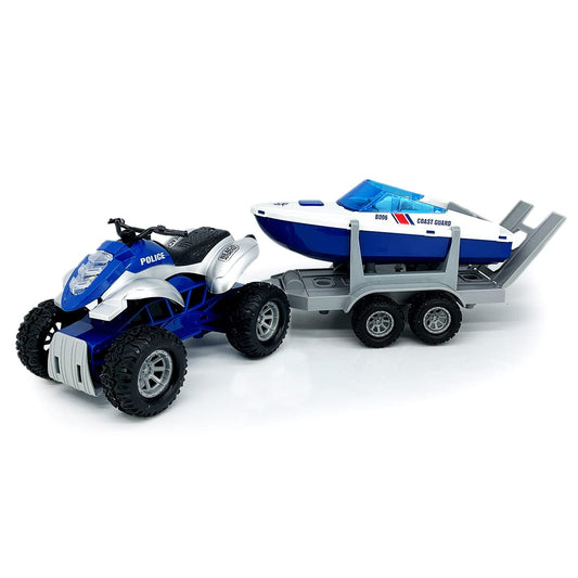 VIIGER large ATV toy with trailer and speedboat in blue for outdoor imaginative play.