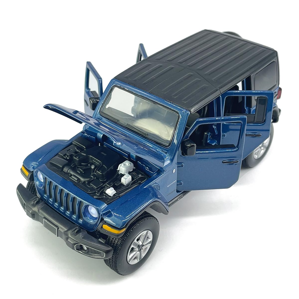 VIIGER Wrangler Sahara 4-door blue diecast with doors opened, ideal for display and pretend play.