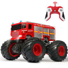 VijiSuki remote-control fire truck side view highlights rugged tires for all-terrain play.