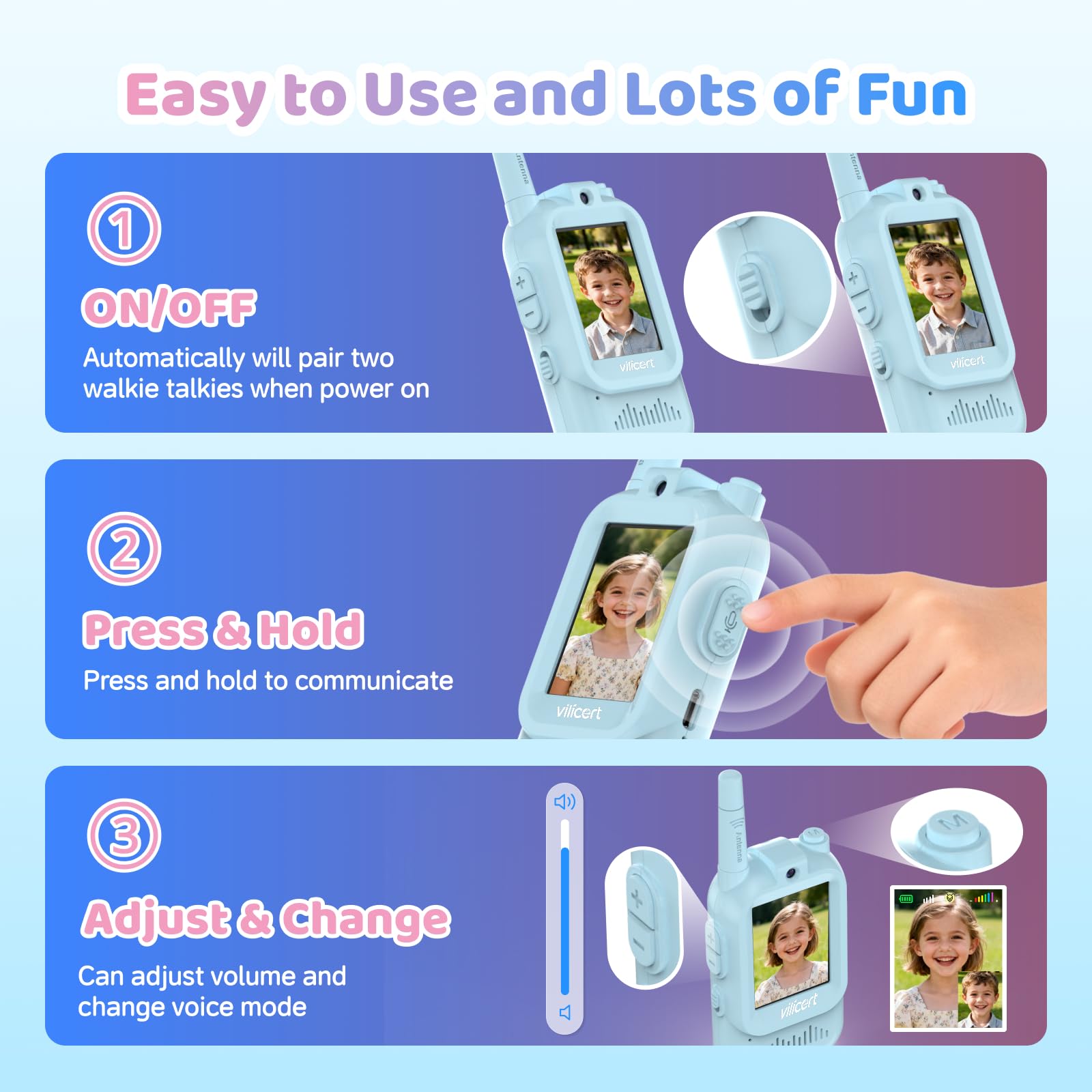 Vilicert video walkie talkies kid holding the device shows ergonomic, lightweight design.
