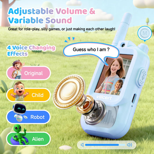Vilicert video walkie talkies screen closeup with an easy-to-read display for kids.