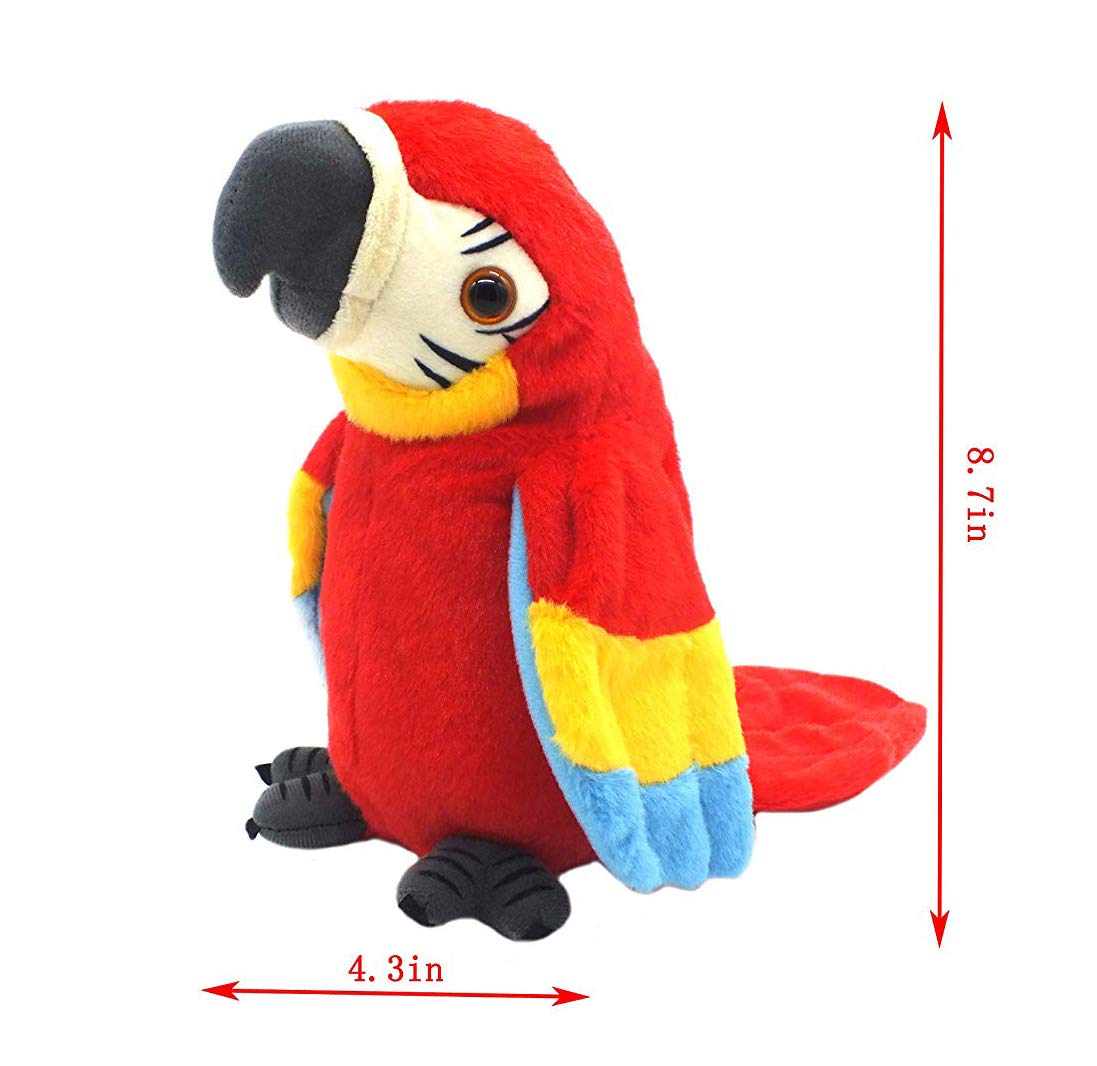 Vincilee Talking Parrot red face closeup reveals soft fabric and stitching.