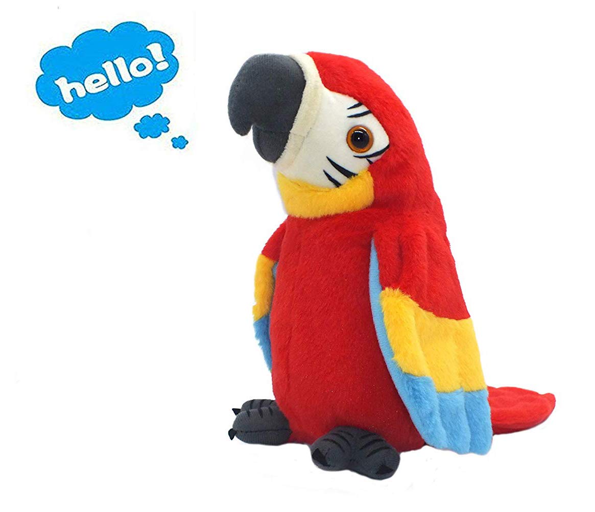 Vincilee Talking Parrot red side view shows compact plush for playtime companionship.