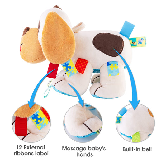 VINEGO baby tags plush dog toy shows sensory tags for tactile exploration