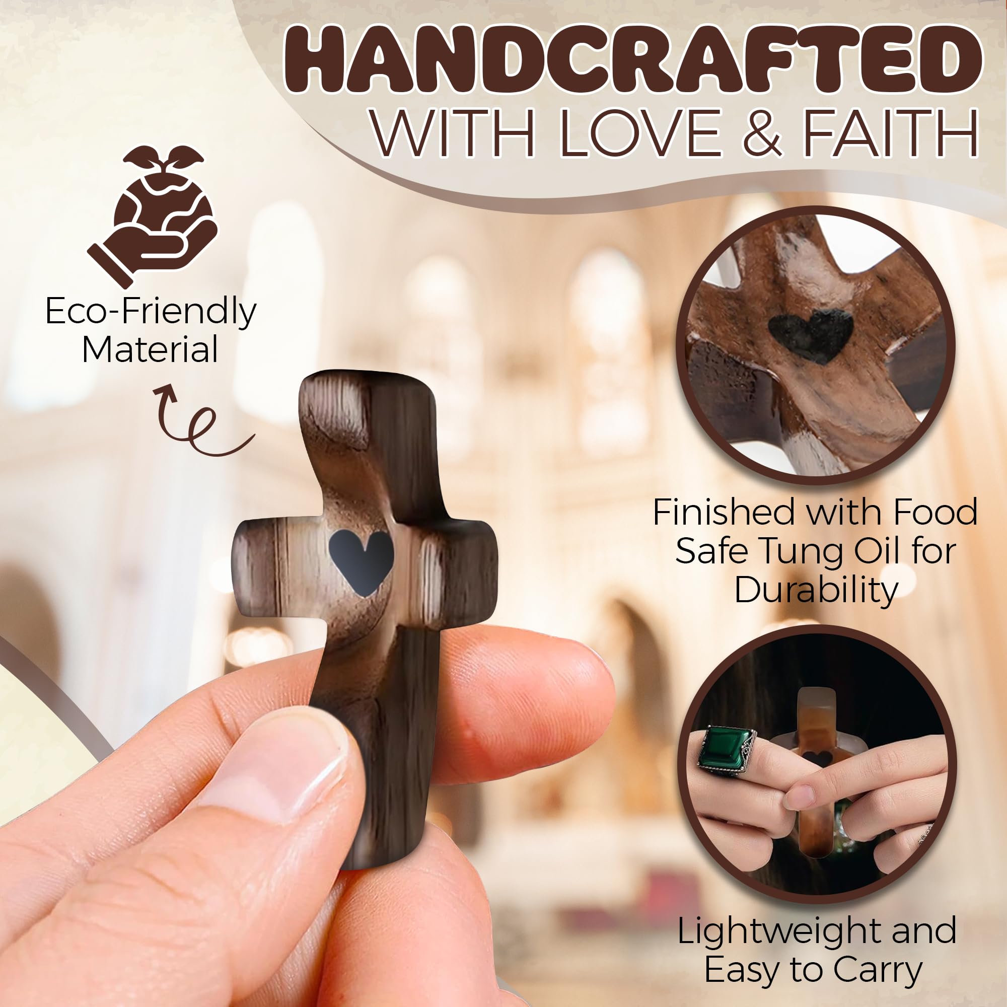 VINETEN wooden handheld prayer cross ideal for pocket or meditation