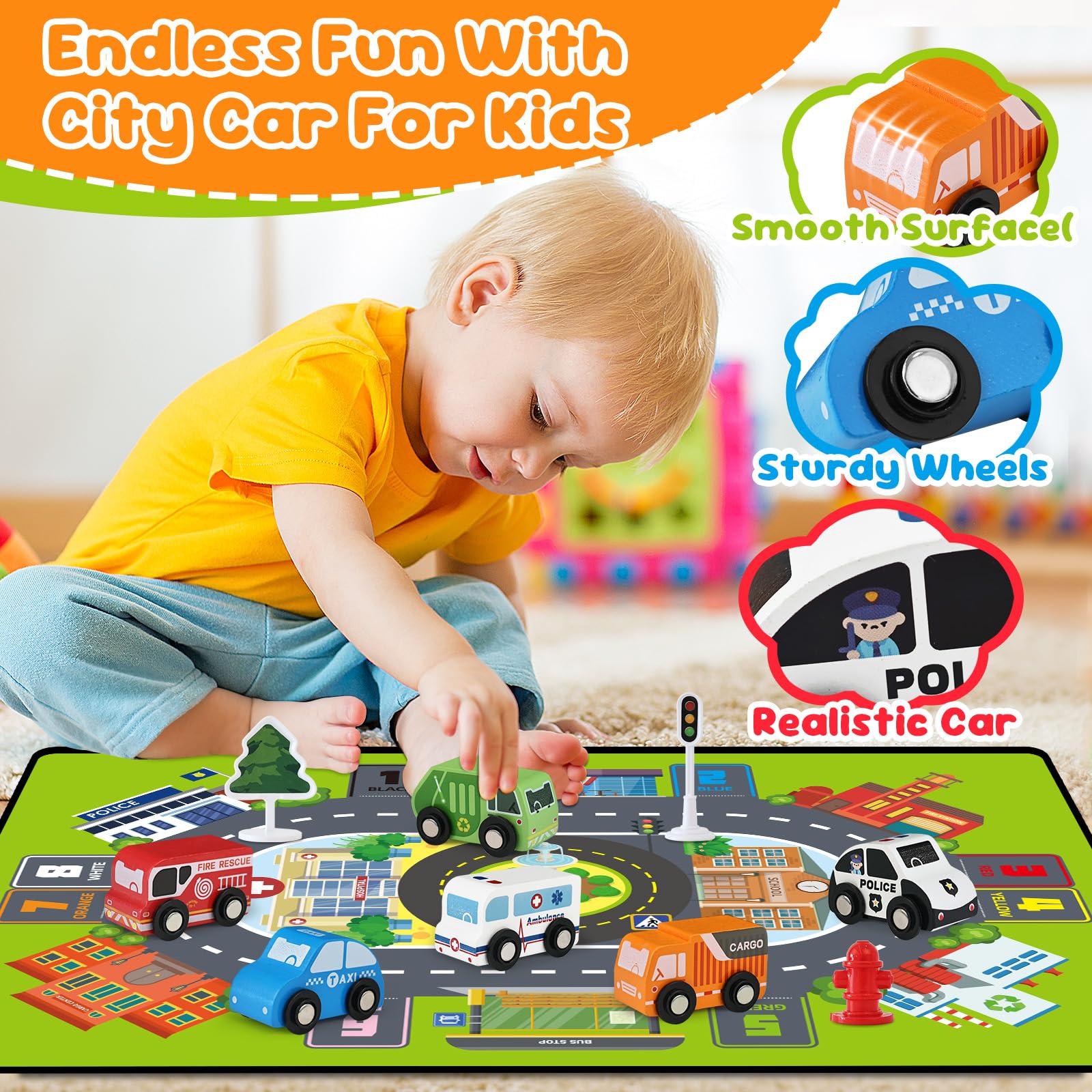 Vinkp double-sided playmat with city and countryside scenes for storytelling