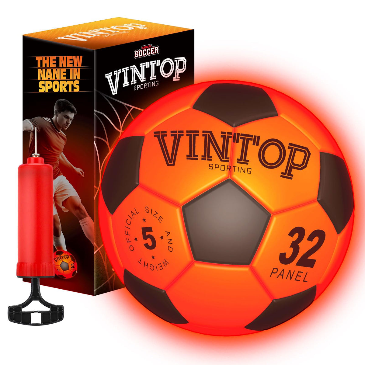 VINTOP glow soccer ball front view glows for after-dark play.