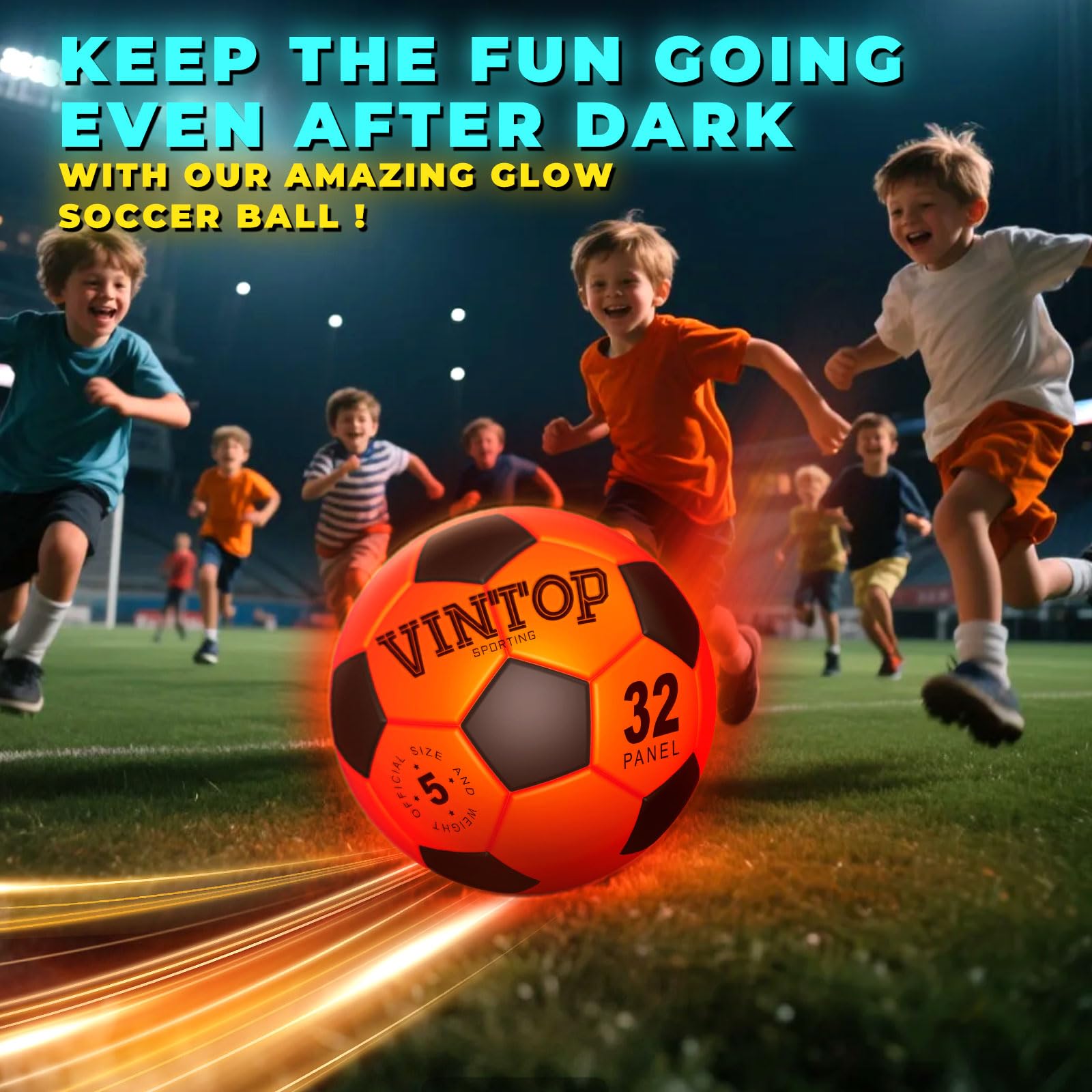 VINTOP glow soccer ball official size 5 enhances control.